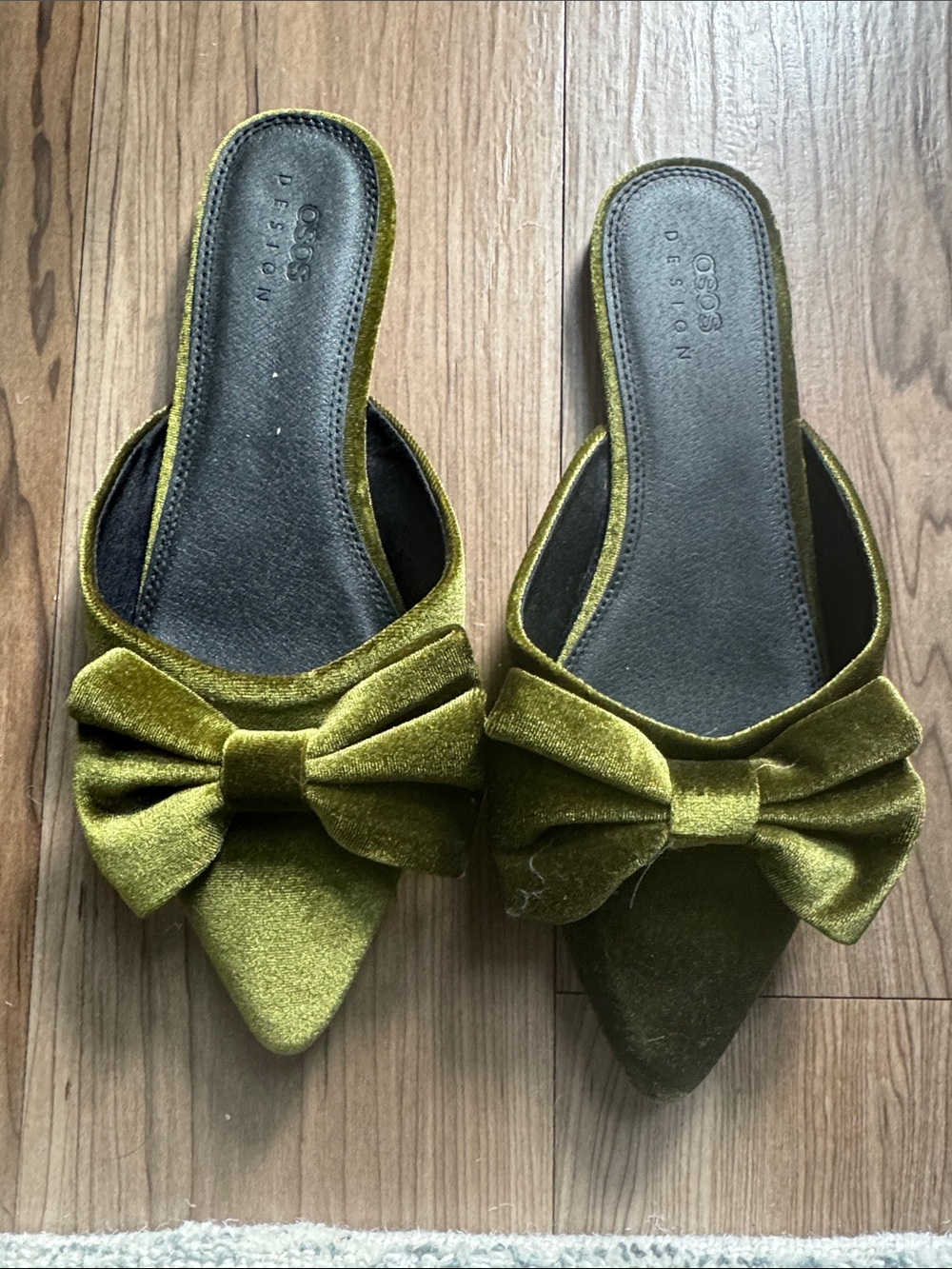 ASOS Olive Green Velvet Bow Pointed Toe Mules